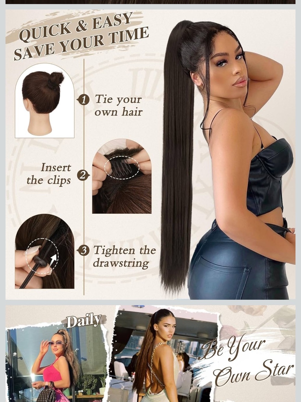 Long Straight Draw String Clip-In Ponytail Extension Looks Real - Dark Brown NEW